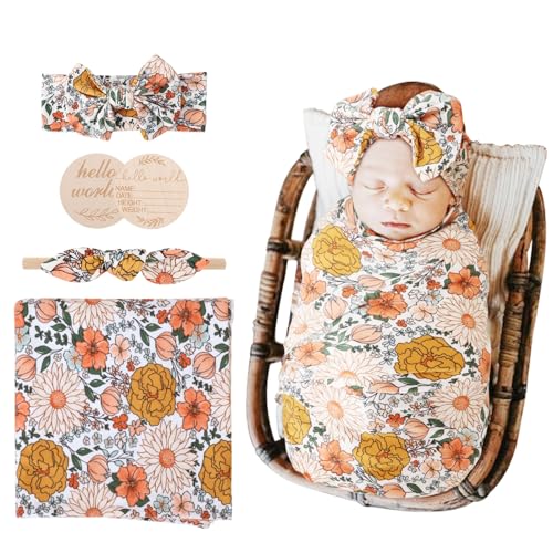Image of AQOKKA Newborn Receiving Blanket with Bow Hat Headband Wooden Card Set Newborns Toddler Baby Boy Girl Nursery Swaddle Wrap