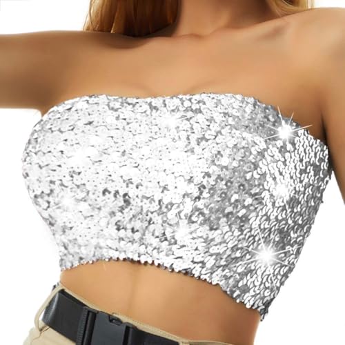 Nicute Sequin Top Sparkly Silver Sequin Bra Strapless...