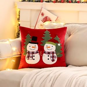 Red Christmas Pillow Covers 18×18 Set of 2 Cute Snowmen Embroidered Pillow Cases Winter Holiday Velvet Cushion Covers for Couch Sofa Bed