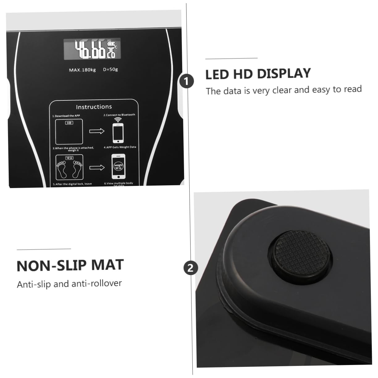 Bilancia per Grasso Corporeo USB Ricaricabile, 79 Dati, Ampio Display Led, Piedini Antiscivolo, per Casa, Nero