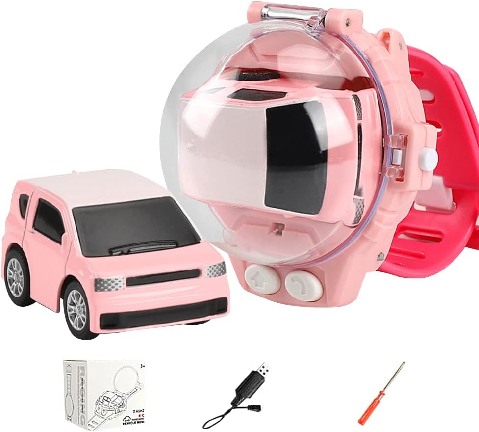 Uposao Juguete de coche modelo teledirigido 2,4 G, Mini coche teledirigido de dibujos animados con pulsera desmontable USB recargable, juguete de reloj analógico de pequeño coche de tipo muñeca