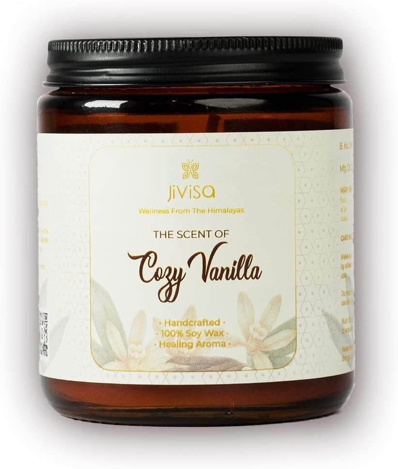 Jivisa Cozy Vanilla Scented Candle - Premium Hand-Poured Soy Wax, Long-Lasting Aroma for Home & Bedroom, Eco-Friendly, 45 Hours Burn Time, 365 Grams, Ideal Gift