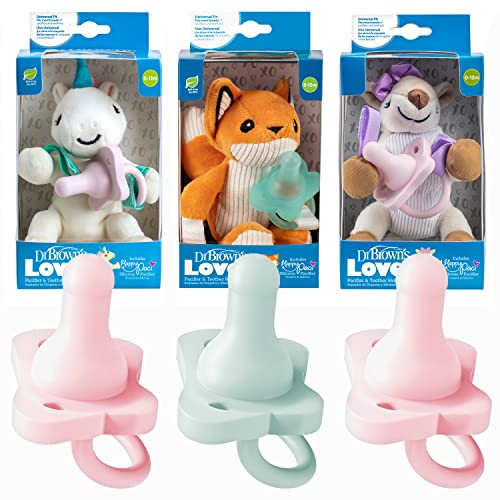 Virtual Bundle: Dr. Brown’s Lovey Pacifier and Teether Holder with HappyPaci Silicone Pacifier, Fox, Deer, Unicorn Variety Pack 0-6m