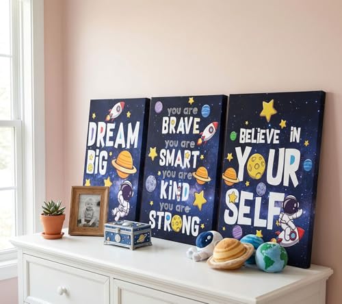 Image of 3Pcs Inspirational Space Astronaut Kids Canvas Wall Art, Inspirational Quotes Painting Picture Wall Decor, Boys Positive Affirmative Poster Print Artwork for Playroom, Classroom, 16x24in
