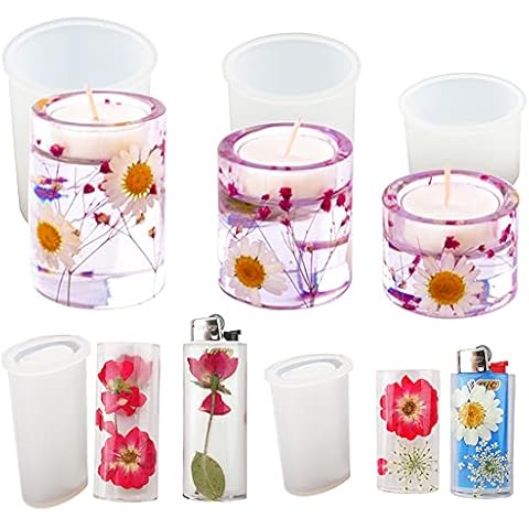 Keyzone 3Pcs Tealight Candle Holder Mould with J5/J3 Lighter Case Mould for Resin, 3 Size Pillar Tea Light Cylinder Resin Moulds Silicone, Candlestick Epoxy Resin Molds for Resin Casting, Decor Cover