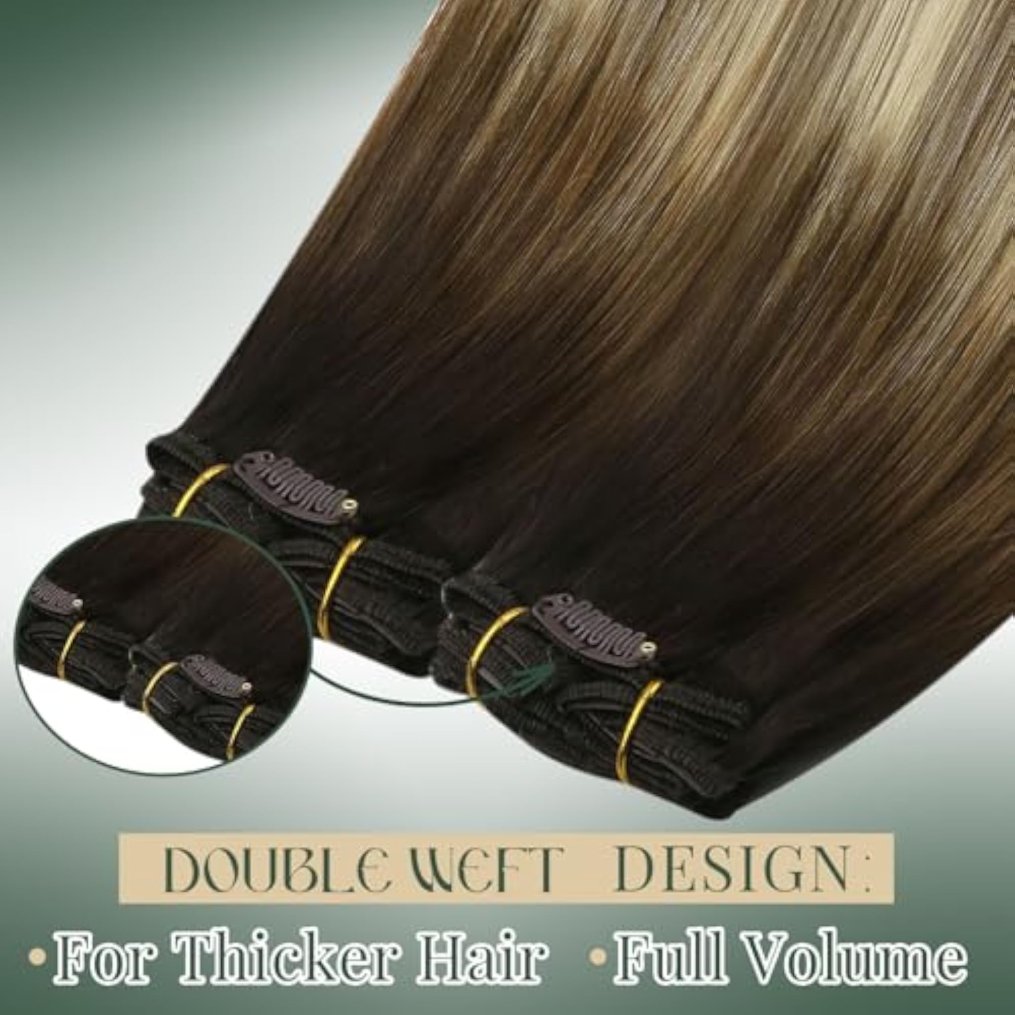 16 Inch Full Head Clip In Balayage Human Hair Extensions, Dark Brown to Medium Brown