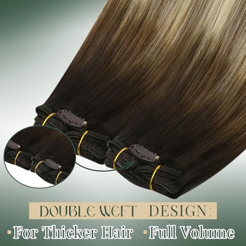 Image of Ugeat Hair Extensions Real Human Hair Clip ins Balayage 20 Inch 7pcs 120g | Clip in Extensions Real Human Hair , Chocolate Brown Balayage Bleach Blonde , Easy Application