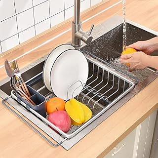 APEXCHASER Expandable Dish Sink Drainer , Over the Sink Dish Drying Rack With Removable Cutlery Holder , Dish Rack in Sink or On Counter, Plate Rack Drainer for Kitchen