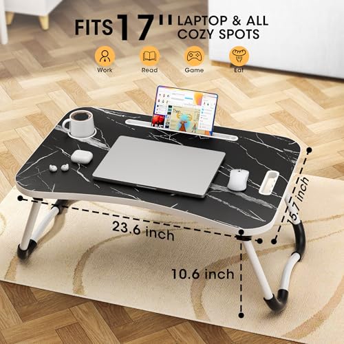 Image of Folding Lap Desk, 23.6 Inch Wood Laptop Bed Desk with Cup Holder, Portable Bed Table for Working Writing Reading & Eating for Bed, Sofa, Couch, Floor - Dark Black