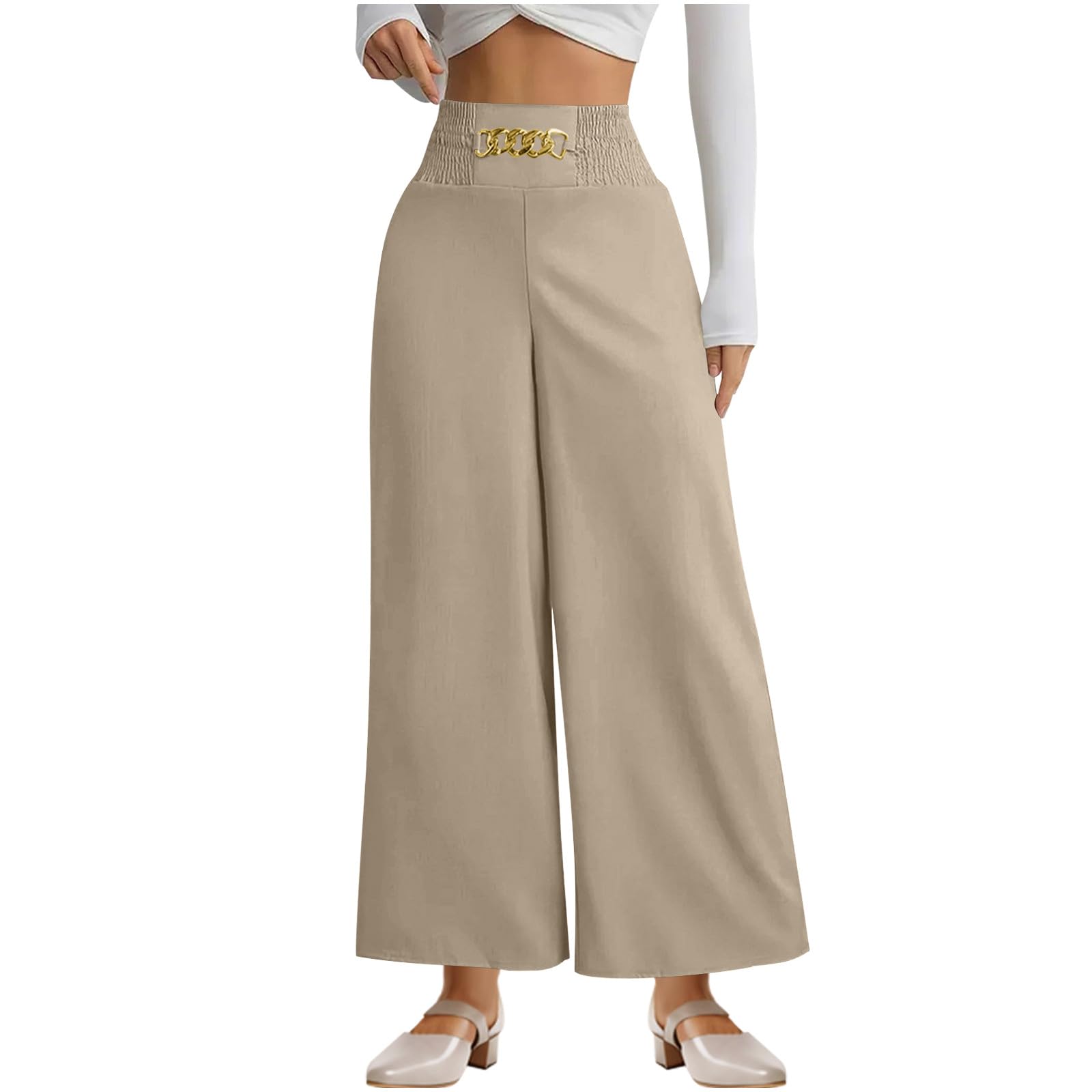 Wide Leg Pants Woman Smocked Elastic Waist Pant Summer Casual Dressy Flowy Work Business Palazzo Trouser(Khaki,Small)