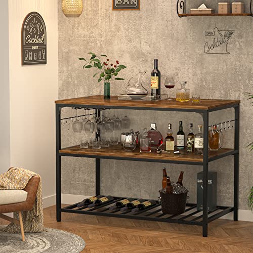 Homieasy Kitchen Island With Wine Glass Holder, Industrial Wood And Metal Coffee Bar Wine Rack Table, 3 Tier Spacious Kitchen Prep Table Extended Counter With Hooks Easy To Assemble, Rustic Brown #TOP3