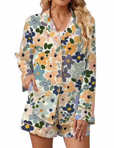 Image of SHESHOW Satin Pajama Set for Women Button Down Long Sleeve Top and Shorts Loungewear Set Funny Print Sleepwear XS-XXL