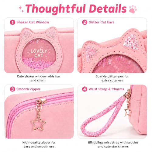 Image of Cute Kawaii Pink Cat Pencil Case for Girls - Large Capacity Double Layer PU Leather Pencil Pouch & Stationery Organizer for Aesthetic School Supplies, Travel, Office & Gifts