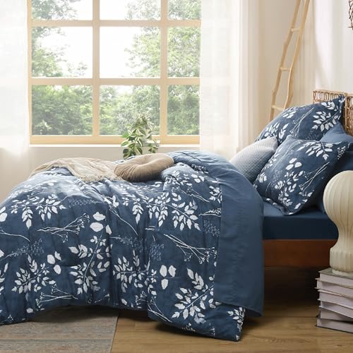 Image of Bedsure Floral Navy Comforter Set, Oversized Queen Bedding Sets, 7 Piece