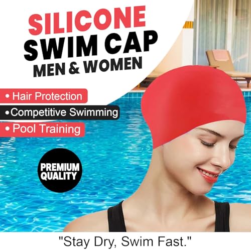 Image of GLAN Silicone Swimming Cap for Kids and Adults Waterproof Swimming Pool Cap for Women and Men (Red)