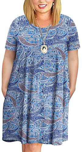 Longyuan Women Short Sleeve Elastic Comfy Dresses Xl-6Xl Plus Dress With Pockets 3Xl,Fl Cashew Cyan-Blue #TOP19