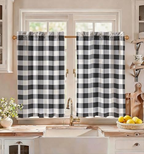 Miss Adola Farmhouse Kitchen Tier Curtains - 36 Inch Length Linen Blend Cafe Curtains Plaid Checkered Small Window Treatments Over Sink Rod Pocket for Bathroom Living Room Light Filtering, 2 Panels
