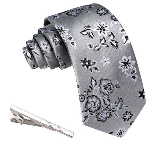 Image of Barry.Wang Floral Ties for Men Flower Necktie with Tie Clip Formal