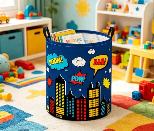 Image of Baby Laundry Basket Baby Nursery Hamper Kids Laundry Basket Toy Storage Bin for Boys Room Decor Gift Baskets for Bedroom Bathroom(Blue City)