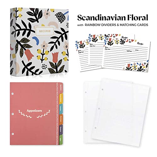 Jot & Mark Recipe Organizer 3 Ring Binder Set (Scandinavian Floral) | 50 Recipe Cards 4X6, Rainbow Full Page Dividers And Plastic Page Protectors #TOP3