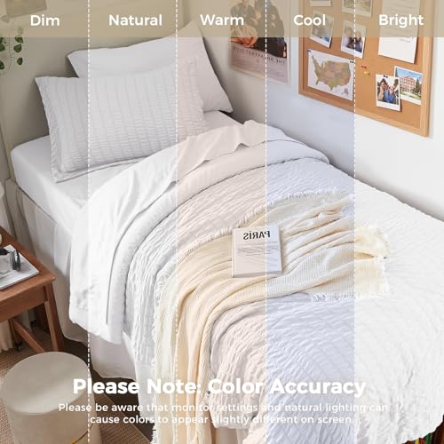 Image of HYMOKEGE White Twin Comforter Set Seersucker 5 Pieces, All Season Luxury Bed in a Bag for Bedroom, Bedding Set with Comforters, Sheets, Pillowcase & Sham
