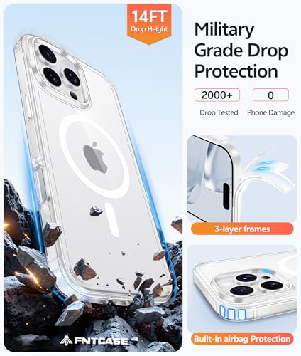 Image of FNTCASE for iPhone 16 Pro Case: [Compatible with Magsafe] [Screen Protector] Anti Yellowing Transparent Clear Magnetic Phone Cover - Military Grade Shockproof Drop Proof Protective Cases - Clear