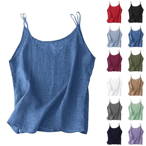 Debardeur Court Femme Sexy, Débardeur Chic Femme Grande Taille, Debardeur Col en V sans Manche Débardeur Fine Bretelles Tank Top en Coton Et Lin Caraco Couleur Unie Haut Leger Décontracté Caraco