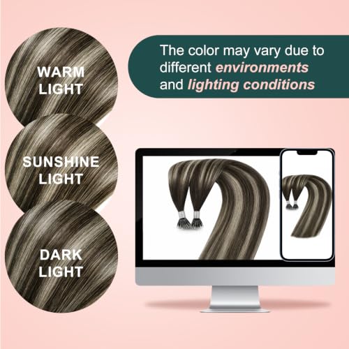 Image of Easyouth 24 Inch 50g Nano Bead Hair Extensions Human Hair Balayage, Nano Ring Human Hair Extensions, Ombre Dark Brown to Platinum Blonde with Brown, Long Straight Hair, for All-Day Wear