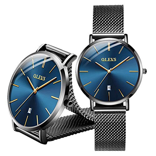 OLEVS Women's Ultra Thin Blue Watch, Minimalist Analog Quartz Watch, Stainless Steel, Waterproof, for Christmas