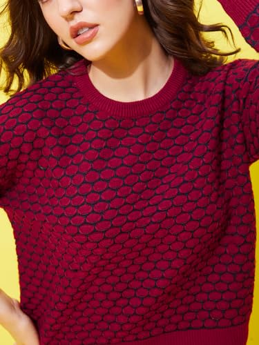 Image of Modeve Self Design Round Neck Casual Women Crop Top Sweater||Winterwear||