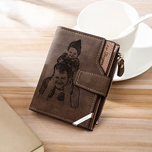 Nobelook Personalized Wallet for Men with Photo Monogram Name Custom Engraved Mens Wallets Bifold Short Leather Wallet Purse for Father Dad Grandpa Husband Son BF Gift Brown4