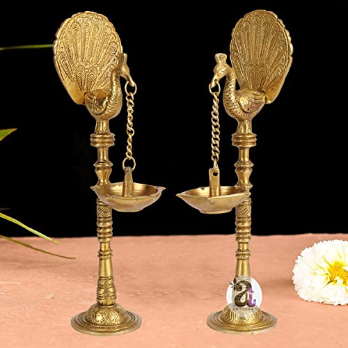 Artvarko Pair of Bird Peacock Hanging Chain Diya Oil Lamp Stand Brass Hindu Religious Puja Fengshui for Home Decor Temple Diwlai Puja Decorative Gift 9 Inches