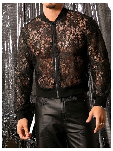 Image of WDIRARA Men's Floral Lace Bomber Jackets Long Sleeve See Through Outerwear | Zip Up Coats, Sexy, Sheer, Party, Concert Outfit
