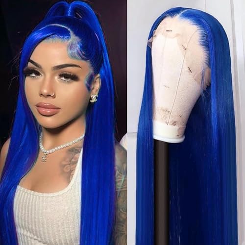 30 Inch Blue Lace Front Wigs Human Hair Straight Frontal Wigs Dark Blue 13x4 Hd Lace Front Wig Wear and Go Glueless Frontal Wigs Human Hair Pre Plucked With Baby Hair Royal Blue Colored Wigs for Women