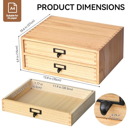 Kirigen Natural Wood Desktop Storage Cabinet -Shallow Type Drawers - Fax Stand with metal handle - Small File organizer Size 13.78"L*10.6"W*5.9"H(NA, 2-Layer &2 Drawers) - Thumbnail 2