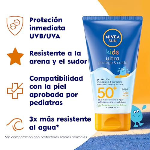 NIVEA-SUN-Kids-Ultra-Protege-Cuida-FP50-Crema-solar-para-ninos-a-partir-de-3-anos-150-ml-protector-solar-resistente-al-agua-crema-hidratante-con-proteccion-solar-UVA-UBV