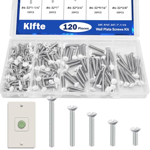 120 pcs Wall Plate Screws, White Outlet Screws 6-32 Thread Light Electrical Cover Panel Switch Plate Screws 5 Length Sizes (3/8", 9/16", 3/4", 1", 1.2")