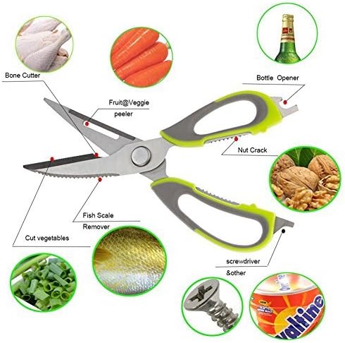 Kitchen Shears 8 in 1 - KANG ITS 2017 Stainless Steel Cooking Scissors Multifunctional Utensil for Meat, BBQ, Nuts, Fish, with a Magnetic Holder, Green(BJ-059)