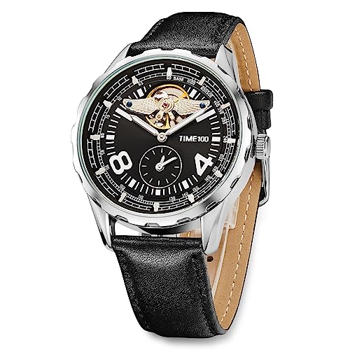 TIME100 Men's Automatic Mechanical Watch Luminous Hands Skeleton Dial Waterproof Men's Watch Pilot Series Angel Wing Business Flywheel Watch Black Leather Strap