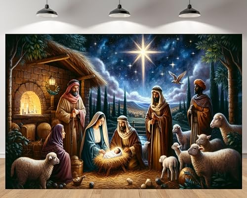 MAEQLQLM 6x4ft Nativity Backdrop Bethlehem Star Holy Family Shepherds Sheep Background for Merry Christmas Religious Celebration Winter Holiday Church Event Baby Shower Decor Booth Prop Wallpaper
