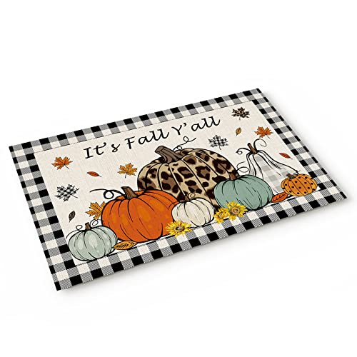 Thanksgiving Pumpkin Indoor Doormat Entryway Rugs, It's Fall Yall Autumn Maple Leaves Black White Plaid Floor Mats Front Door Decor,Absorbent Area Rugs 16X24 Inch Non Slip Rug Mats For Kitchen Bath #TOP2