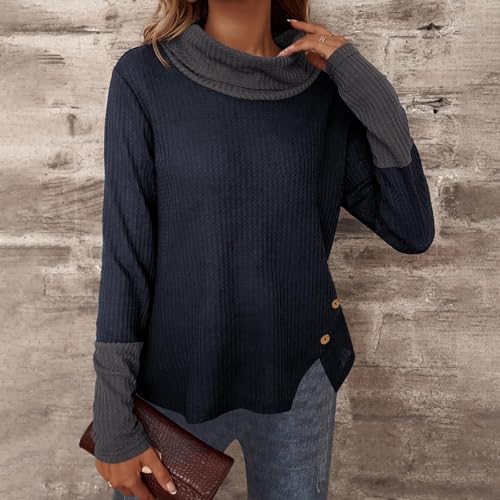 Women's Turtleneck Sweaters Long Sleeve Waffle Knit Pullover Tops Color Block Shirts Blouses Fall Clothes Outfits2