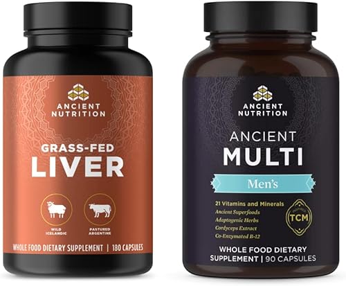 Ancient Nutrition Cápsulas de mezcla de órganos alimentados con hierba silvestre, hígado, 180 unidades + multivitaminas para hombres, 90 unidades
