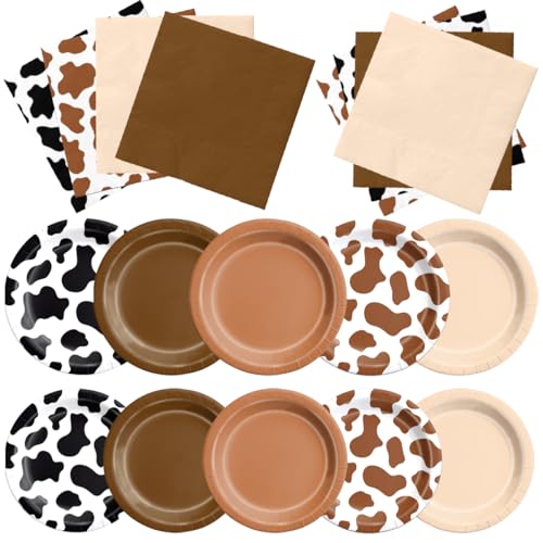 Image of CMUSKO Cowboy Party Decoration - 60Pcs Brown Cow Print Plates & Napkins Set Farmhouse Western Party Supplies for Baby Shower,Birthday
