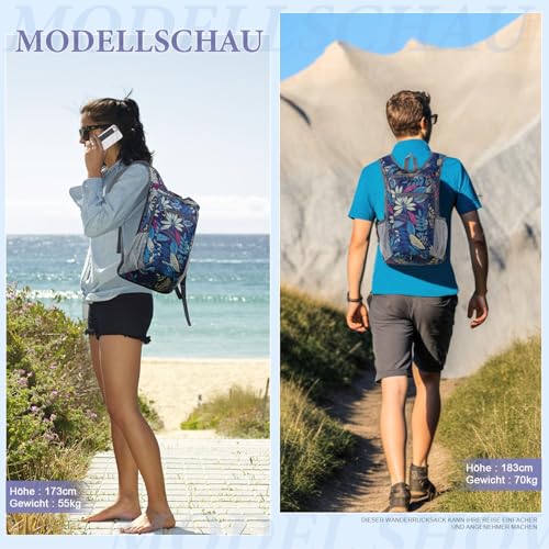 BECOJADDE 15L Faltbarer Rucksack Kleiner Wanderrucksack Leicht Tagesrucksack Damen Herren Daypack Wasserfest Reiserucksack für Outdoor Wandern Reisen Städtetrips, Regenwald