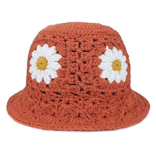 Daisy Flower Crochet Bucket Hat Packable Short Brim Knit Fisherman Hat for Women (Orange)