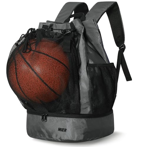 MIER Drawstring Basketball Backpack Soccer Bag with Shoe Compartment & Mesh Pocket Sports Gym String Backpack for Women Men, Lightweight Gray