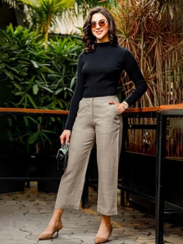 Image of Vogaan Women Cotton Linen Blend Straight Fit Trousers | High Waist Casual Office Pants | Solid Ankle Length Bottom Wear