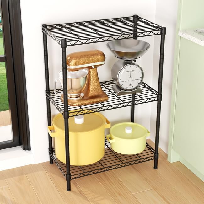 Image of Premium Heavy-Duty 3-Tier Black Metal Wire Storage Rack Shelf Organizer | Adjustable Multipurpose Freestanding Shelving Unit for Home, Office, Kitchen | Size 10 inch D x 24 inch W x 24 inch H Inch