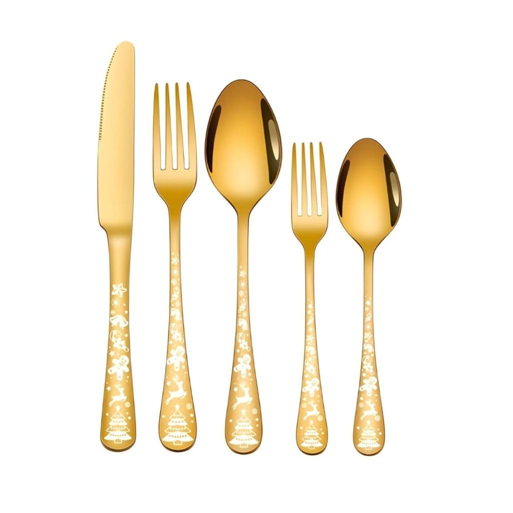 Christmas Silverware Set, Flatware Set Service, Stainless Steel Cutlery Tableware, Cutlery Set with Unique Snowflakes and Deer Pattern, Dishwasher Safe, Set of 1(5Pcs), Gold